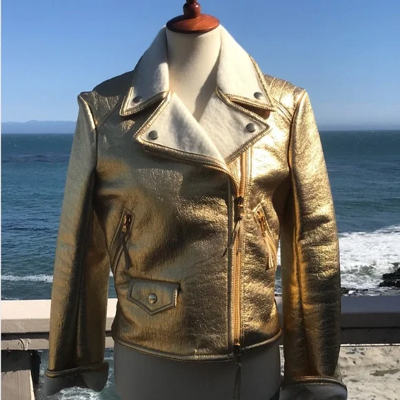 Moschino Couture Metallic Gold, faux leather & pure wool biker jacket